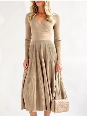 Saodimallsu Womens Long Sleeve Midi Sweater Dress- Khaki